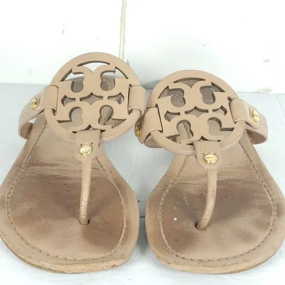 Tory Burch Women's Miller US 8,5M Light Make Up Leather Logo Flat Thong Sandals - Picture 5 of 16
